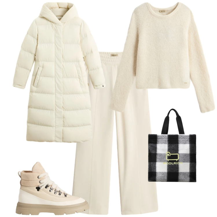 Outfit donna - Bianco come la neve. Stile Trendy per Tutti i giorni. Abbinamento con borse tote, piumini, maglieria, pantaloni, anfibi.