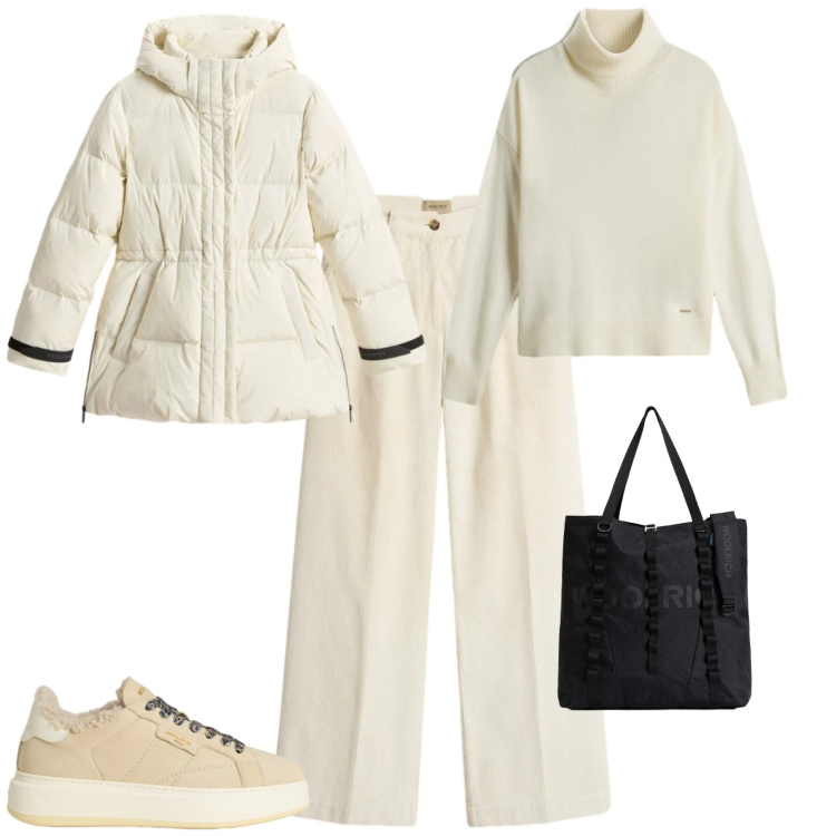 Outfit donna - Trendy in bianco. Stile Trendy per Tutti i giorni. Abbinamento con pantaloni, sneakers, borse tote, maglieria, piumini.