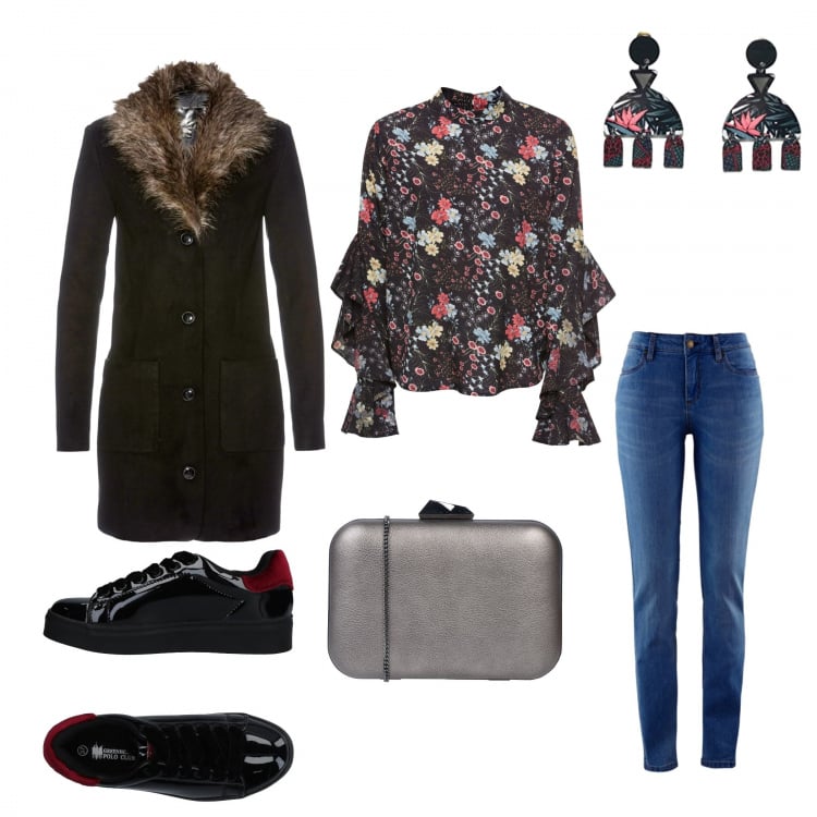 Outfit donna - Comodamente chic low cost. Stile Chic per Serata fuori. Abbinamento con jeans skinny, blusa con volant a maniche lunghe nero, giacca, sneakers tennis, borsa a mano mini a scatto interno foderato in pelle sintetica tinta unita, orecchini a pendolo.