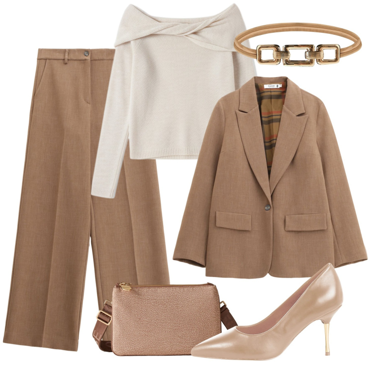 Outfit donna - Completo tabacco a cena. Stile Chic per Serata fuori. Abbinamento con pantaloni, blazer, maglieria, décolleté, cinture, borse a tracolla.