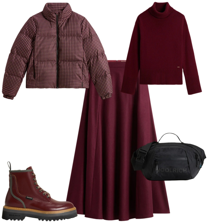 Outfit donna - Casual chic in bordeaux. Stile Casual chic per Tutti i giorni. Abbinamento con maglieria, anfibi, borse a tracolla, gonne lunghe, piumini.
