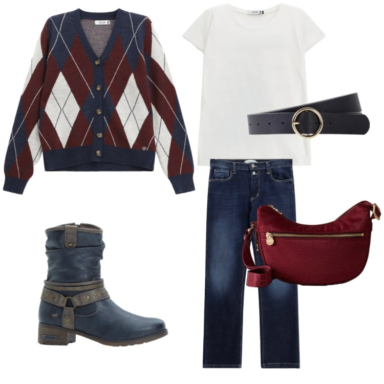 Outfit donna - City country. Stile Casual per Tutti i giorni. Abbinamento con stivali, cinture, cardigans, jeans dritti, t-shirt, borse a tracolla.