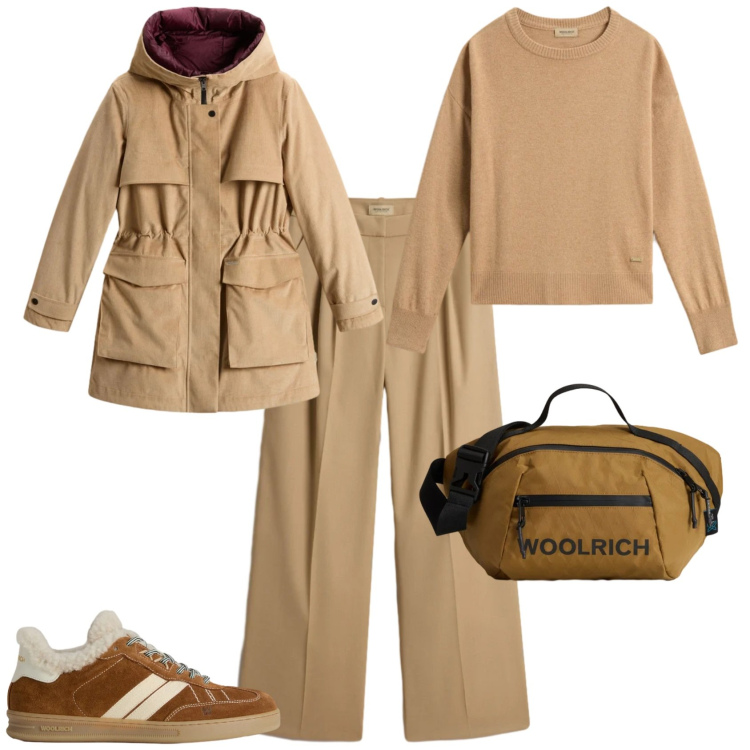 Outfit donna - Casual chic in caramello. Stile Casual chic per Tutti i giorni. Abbinamento con borse a tracolla, sneakers, maglieria, pantaloni, parka.