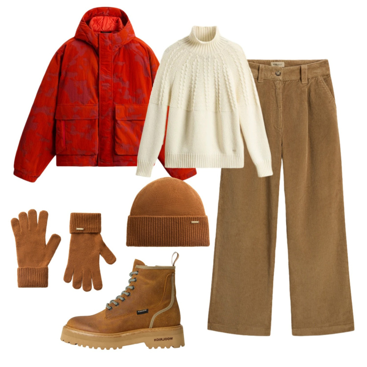 Outfit donna - Holiday Heritage Woolrich!. Stile Urban per Tutti i giorni. Abbinamento con anfibi, guanti, maglieria, berretti, pantaloni, blazer.
