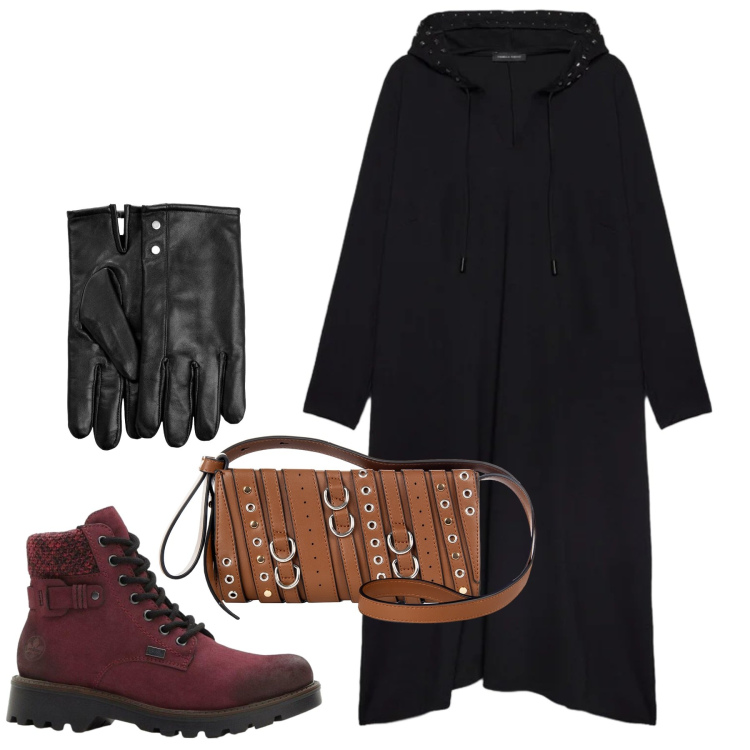 Outfit donna - Dark. Stile Urban per Tutti i giorni. Abbinamento con stivaletti, guanti, borse a spalla, vestiti lunghi.