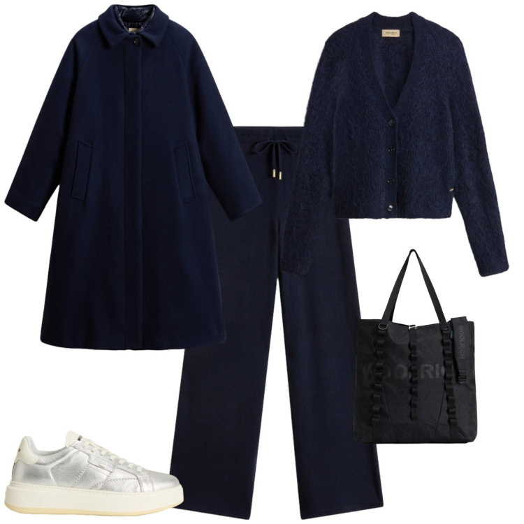 Outfit donna - Trendy in blu. Stile Trendy per Tutti i giorni. Abbinamento con cardigans, sneakers, borse tote, pantaloni, cappotti.