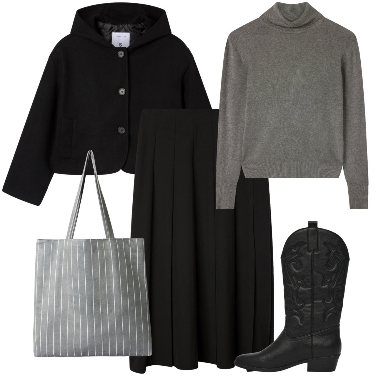 Outfit donna - Minimal. Stile Minimal per Tutti i giorni. Abbinamento con caban, shopping bag, gonne lunghe, maglieria, stivaletti texani.