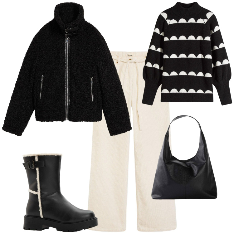 Outfit donna - Giacca in teddy. Stile Trendy per Tutti i giorni. Abbinamento con shopping bag, pantaloni, ecopellicce, stivali, maglieria.