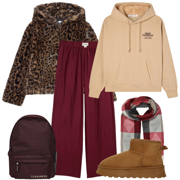 Outfit donna - Il parka leopardato. Stile Bon Ton per Tutti i giorni. Abbinamento con pantaloni, sciarpe, stivali, zaini, felpe con cappuccio, ecopellicce.