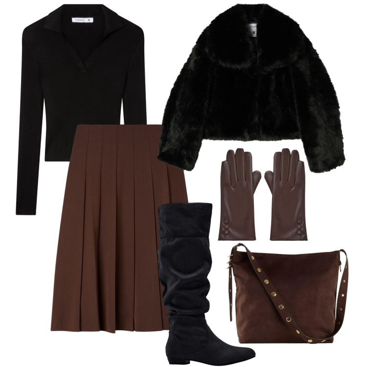 Outfit donna - Per tutto il giorno. Stile Glamour per Tutti i giorni. Abbinamento con stivali, shopping bag, gonne lunghe, maglieria, guanti, ecopellicce.