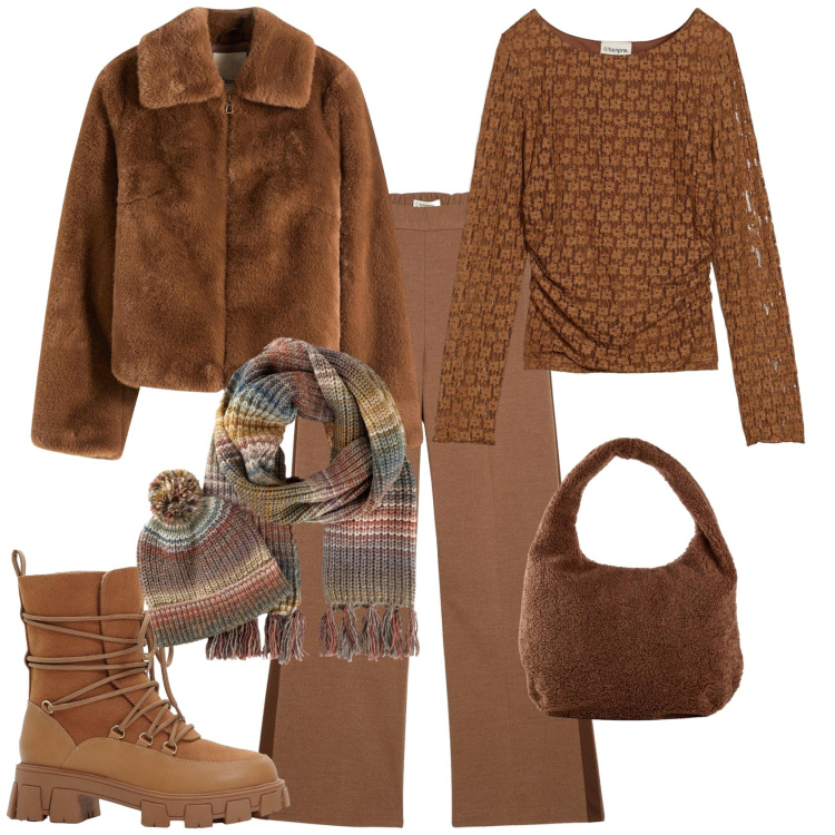 Outfit donna - Caramello trendy. Stile Trendy per Tutti i giorni. Abbinamento con maglieria, shopping bag, sciarpe, pantaloni, ecopellicce, stivaletti.