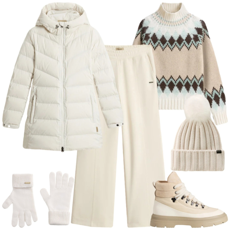 Outfit donna - Holiday Heritage. Stile Sporty chic per Tutti i giorni. Abbinamento con maglieria, pantaloni, guanti, piumini, berretti, anfibi.