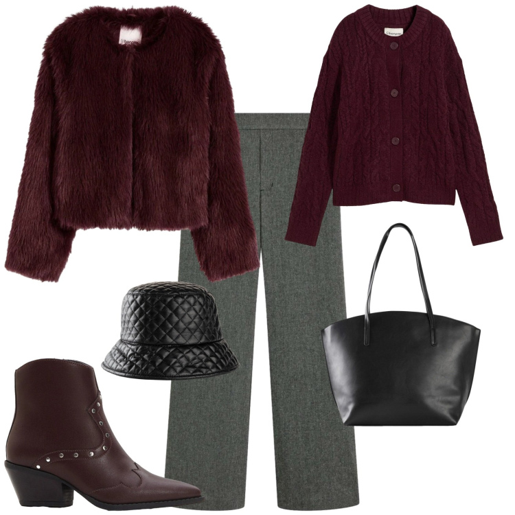 Outfit donna - Casual chic. Stile Casual chic per Tutti i giorni. Abbinamento con ecopellicce, cappelli con visiera, shopping bag, stivaletti texani, cardigans, pantaloni.