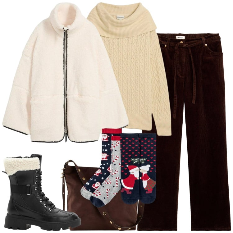 Outfit donna - Winter Looks. Stile Casual chic per Tutti i giorni. Abbinamento con pantaloni, blazer, shopping bag, maglieria, anfibi, calzini.