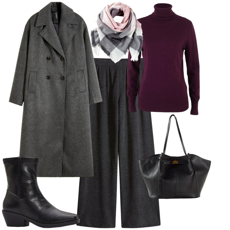 Outfit donna - Trendy grigio bordeaux. Stile Trendy per Tutti i giorni. Abbinamento con pantaloni, shopping bag, maglieria, foulard, stivaletti, cappotti.