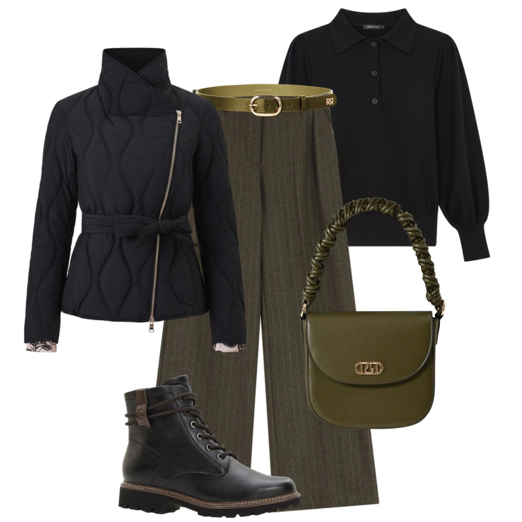 Outfit donna - Piumino biker e palazzo gessati. Stile Casual chic per Tutti i giorni. Abbinamento con stivaletti, pantaloni a palazzo, borse a mano, piumini, polo, cinture.