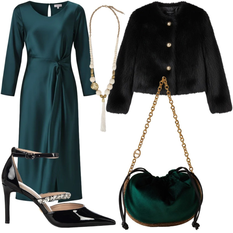 Outfit donna - Eleganza serale Curvy. Stile Chic per Serata fuori. Abbinamento con vestiti midi/longuette, ecopellicce, décolleté, borse a spalla, ciondoli.