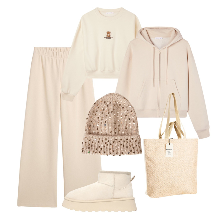 Outfit donna - Cozy casual avorio. Stile Casual per Tutti i giorni. Abbinamento con pantaloni, borse tote, felpe con cappuccio, felpe, berretti, stivaletti.