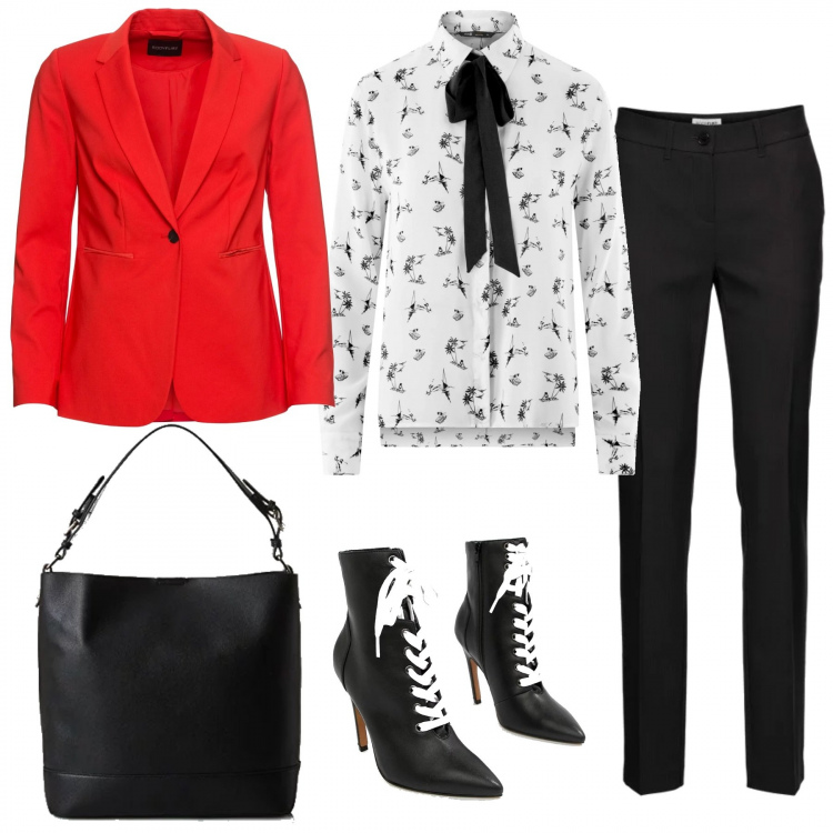 Outfit donna - Mannish spezzato. Stile Trendy per Ufficio. Abbinamento con pantaloni, blazer, camicetta con laccetti aderente bianco, stivaletti con stringhe, shopping bag.