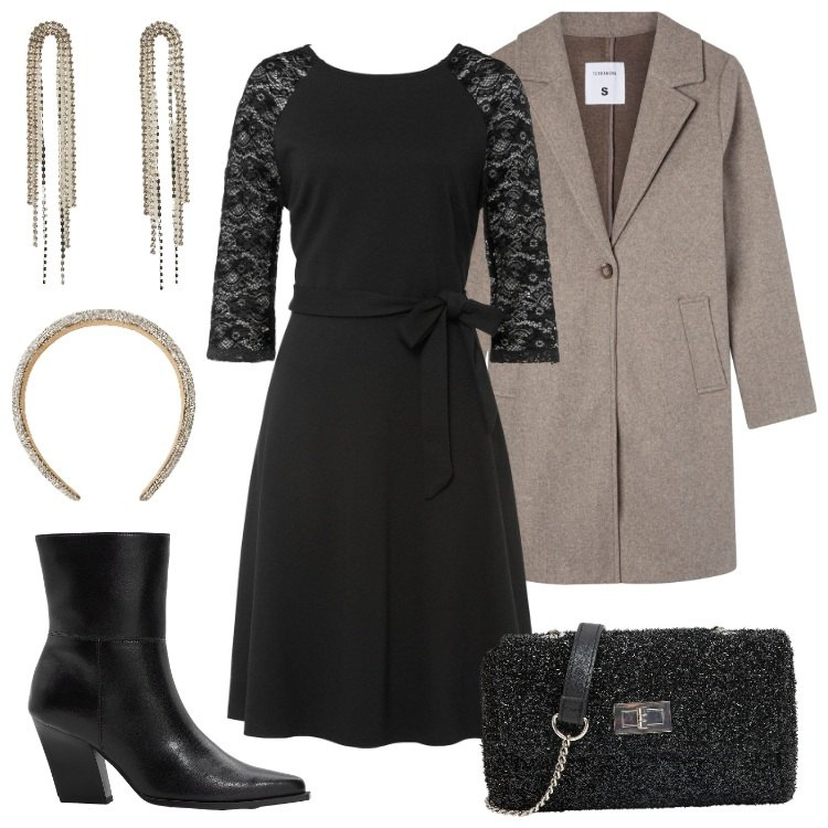 Outfit donna - Total look #2296602. Stile Chic per Serata fuori. Abbinamento con stivaletti, vestiti, orecchini, cappotti, borse a tracolla, cerchietti.