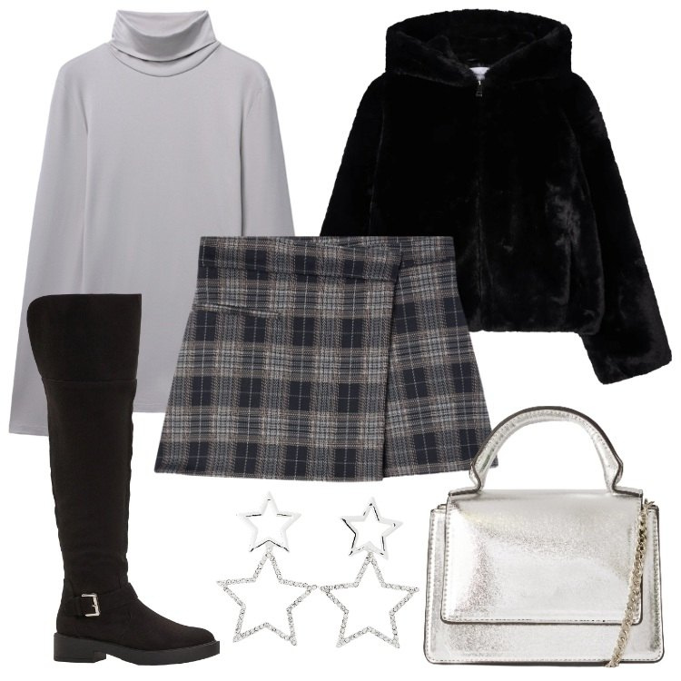 Outfit donna - Total look #2296604. Stile Casual per Tutti i giorni. Abbinamento con stivali sopra il ginocchio, minigonne, orecchini, borse a tracolla, ecopellicce, t-shirt.