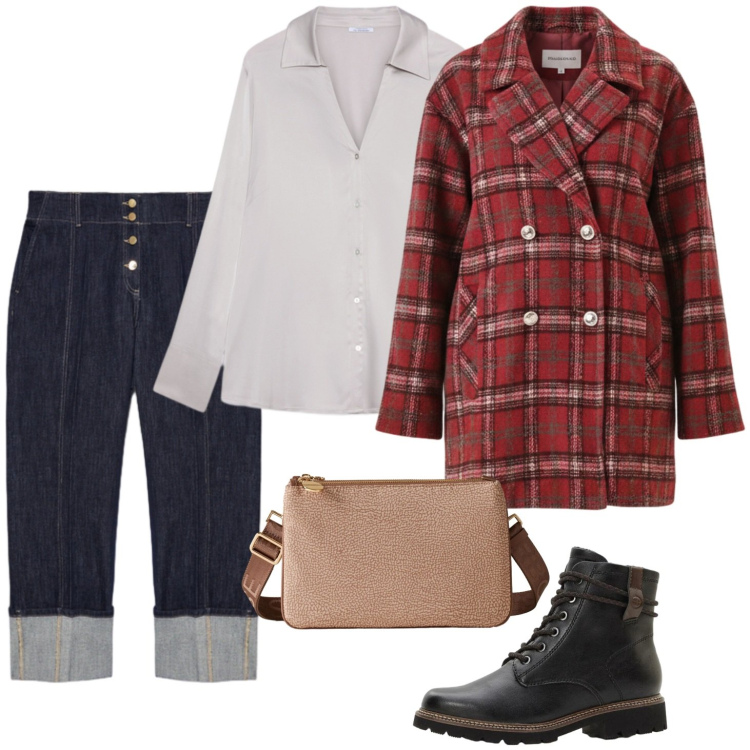 Outfit donna - Cappotto scozzese jeans e camicia. Stile Casual per Tutti i giorni. Abbinamento con stivaletti, cappotti, borse a tracolla, jeans, camicie.