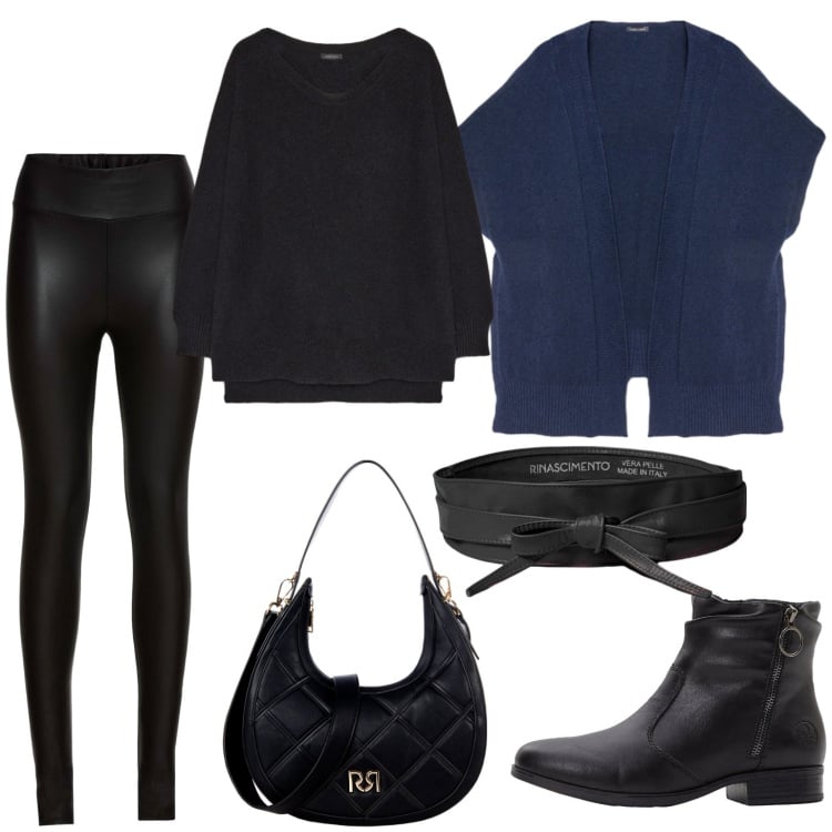Outfit donna - Nero e blu. Stile Rock per Serata fuori. Abbinamento con treggings, stivaletti, cinture, borse a tracolla, gilet, pullovers.