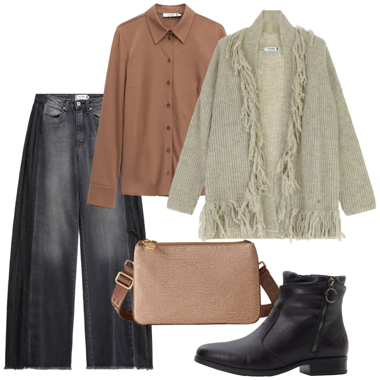 Outfit donna - Novembre. Stile Casual chic per Tutti i giorni. Abbinamento con stivaletti, cardigans, jeans, camicie, borse a tracolla.