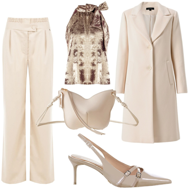 Outfit donna - Come neve. Stile Casual chic per Serata fuori. Abbinamento con top, cappotti, décolleté, pantaloni a palazzo, borse a tracolla.