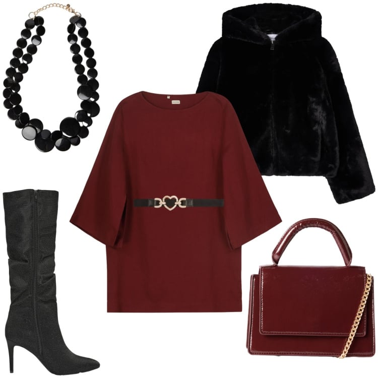 Outfit donna - Accessori che fanno il dettaglio. Stile Casual chic per Serata fuori. Abbinamento con cinture, ecopellicce, stivali, borse a tracolla, vestiti corti, collane.