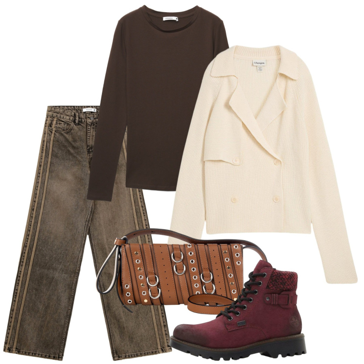 Outfit donna - Novembre. Stile Casual per Tutti i giorni. Abbinamento con cardigans, stivaletti, jeans, borse a spalla, t-shirt.