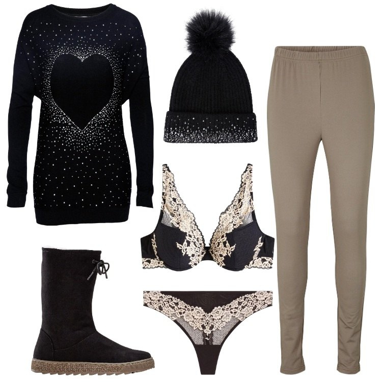 Outfit donna - Total look #2296628. Stile Sporty chic per Tutti i giorni. Abbinamento con maglieria, stivali, leggings, reggiseni, perizomi, berretti.