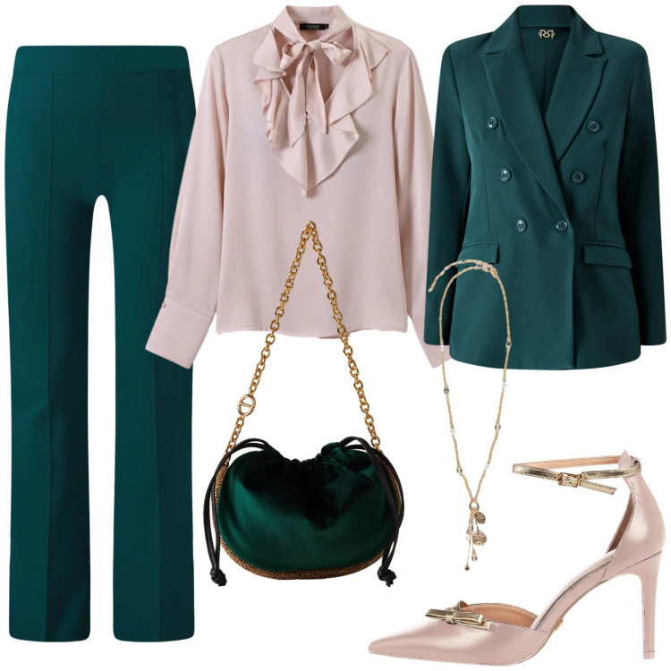 Outfit donna - Pranzo di lavoro. Stile Casual chic per Ufficio. Abbinamento con bluse, pantaloni a palazzo, blazer, décolleté, borse a spalla, ciondoli.