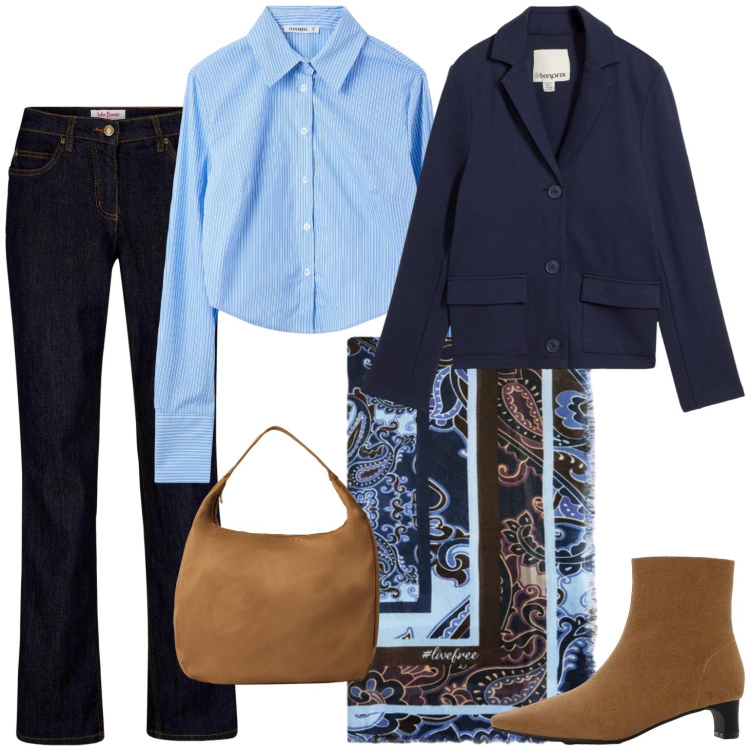 Outfit donna - Camicia azzurra foulard fantasia abbinat. Stile Casual per Tutti i giorni. Abbinamento con jeans dritti, stivaletti, blazer, camicie, borse a mano, foulard.