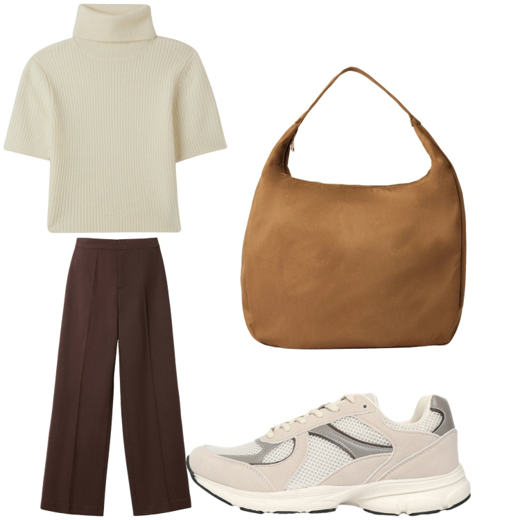 Outfit donna - Aperitivo. Stile Trendy per Tutti i giorni. Abbinamento con maglieria, borse a mano, sneakers, pantaloni.