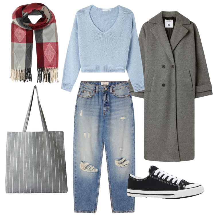 Outfit donna - Soft Academic. Stile Casual per Scuola/Università. Abbinamento con sneakers, sciarpe, jeans mom, maglieria, shopping bag, cappotti.