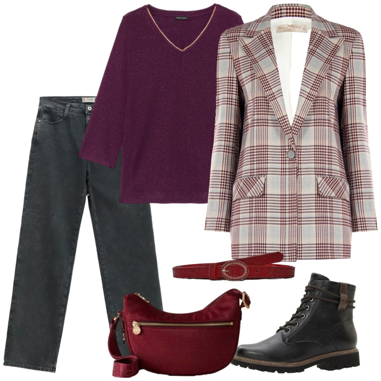 Outfit donna - Purple rain. Stile Casual per Scuola/Università. Abbinamento con stivaletti, jeans dritti, cinture, blazer, borse a tracolla, bluse.
