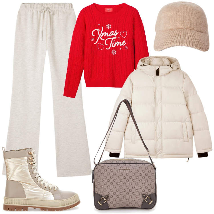 Outfit donna - Mercatini di Natale. Stile Casual chic per Tutti i giorni. Abbinamento con pantaloni, bomber, maglieria, cappelli con visiera, stivaletti, borse a tracolla.