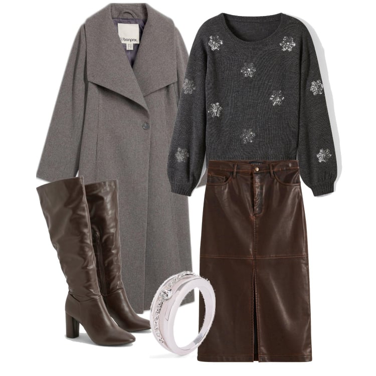 Outfit femme - Novembre. Style Tendance pour Tous les jours. Assortir avec pulls, jupes, bagues, manteaux, bottes.