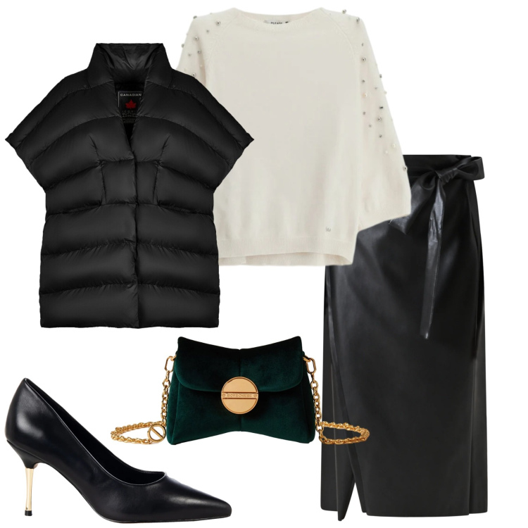 Outfit donna - Gift of style. Stile Chic per Serata fuori. Abbinamento con maglieria, gonne longuette, décolleté, borse a tracolla, piumini.