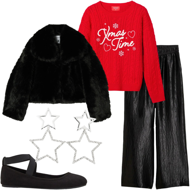 Outfit donna - Gift of style. Stile Casual chic per Tutti i giorni. Abbinamento con ballerine, pantaloni a palazzo, orecchini, maglieria, ecopellicce.