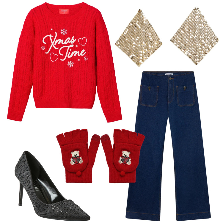 Outfit donna - Total look #2296659. Stile Casual chic per Tutti i giorni. Abbinamento con jeans, décolleté, orecchini, maglieria, guanti.