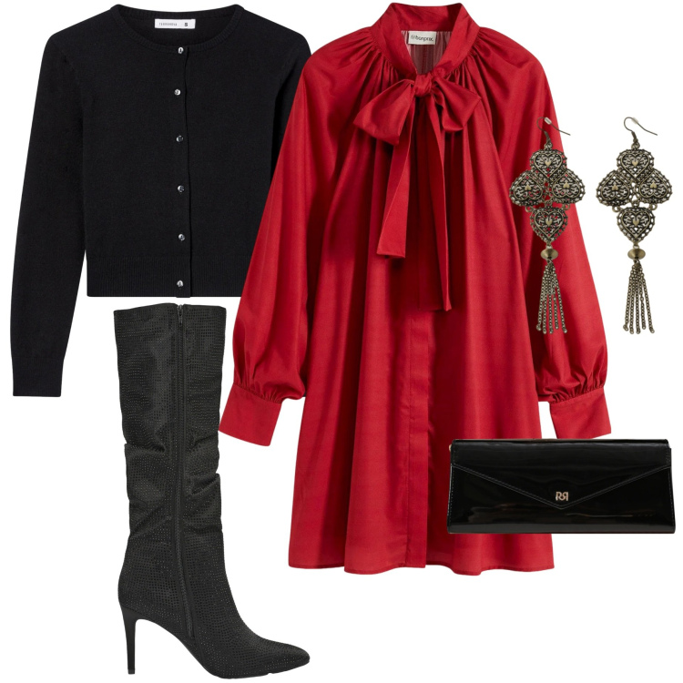 Outfit donna - Gift of style. Stile Chic per Serata fuori. Abbinamento con vestiti, pochette, cardigans, stivali, orecchini.
