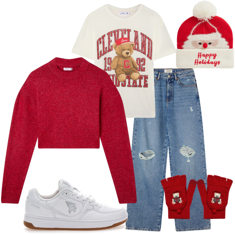 Outfit donna - Xmas edition Terranova. Stile Casual per Tutti i giorni. Abbinamento con jeans strappati, t-shirt, maglieria, berretti, guanti, sneakers.