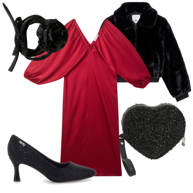 Outfit donna - Xmas edition Terranova. Stile Casual chic per Serata fuori. Abbinamento con vestiti lunghi, portafogli, ecopellicce, collane, décolleté.