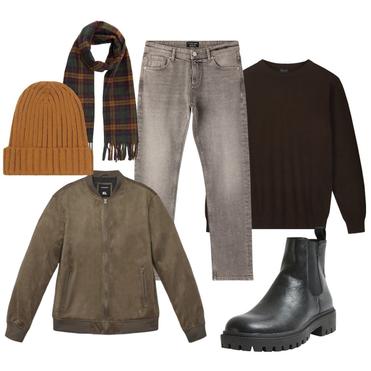 Outfit uomo - Total look #2296665. Stile Urban per Tutti i giorni. Abbinamento con stivali e stivaletti, jeans, giacche, maglieria, sciarpe, berretti.
