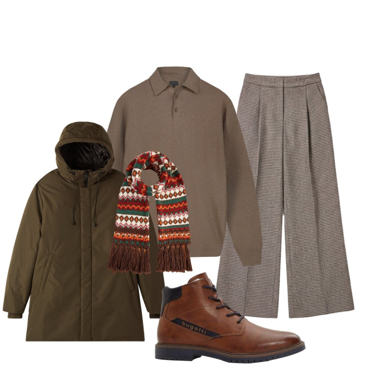 Outfit uomo - Total look #2296671. Stile Casual per Tutti i giorni. Abbinamento con stivali e stivaletti, parka, pantaloni a palazzo, sciarpe, maglieria.