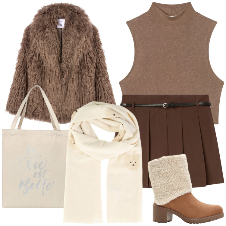 Outfit donna - Stamattina. Stile Urban per Tutti i giorni. Abbinamento con stivaletti, sciarpe, borse tote, top, minigonne, ecopellicce.