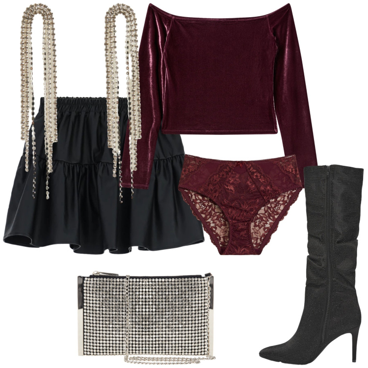 Outfit donna - Aperitivo pre natalizio. Stile Glamour per Serata fuori. Abbinamento con culotte, minigonne, pochette, bluse, orecchini, stivali.