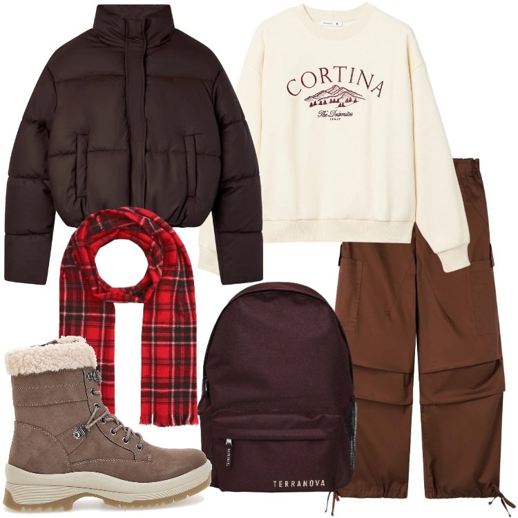 Outfit donna - Terranova - Xmas Edition 2025. Stile Casual per Tutti i giorni. Abbinamento con felpe, bomber, pantaloni cargo, zaini, sciarpe, stivaletti.